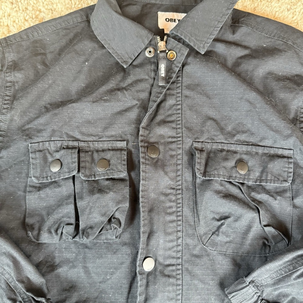 Obey Propaganda Jacket Womens XSmall Black Button Front Military Utility EUC